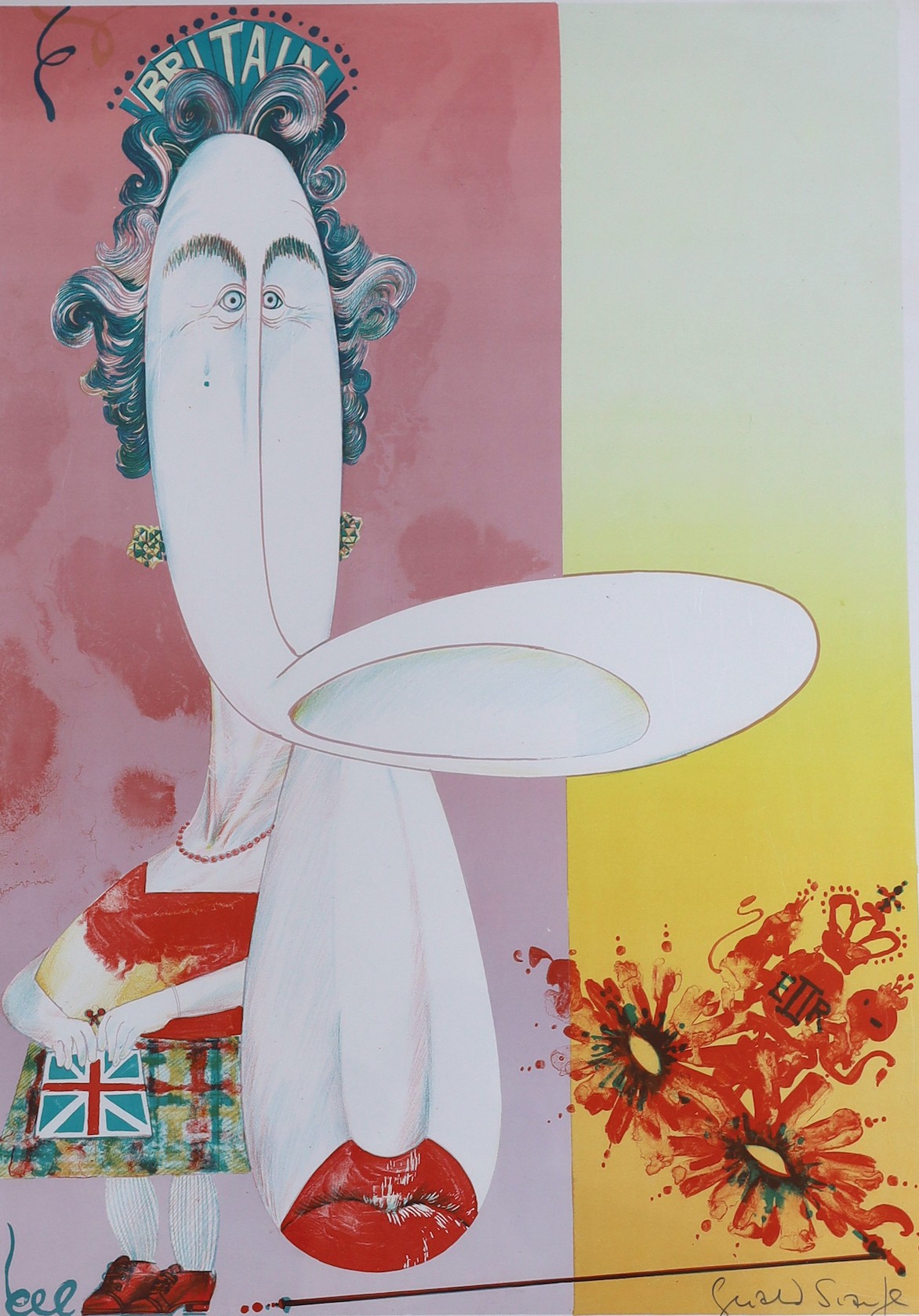 Gerald Scarfe (b.1936), limited edition print, Portrait of Queen Elizabeth II, 69/100, 78 x 57cm